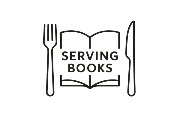 SAME IMAGE BUT ADD THE WORDS SERVING BOOKS BETWEEN THE FORK AND KNIFE EITHER THE ENTIRE TWO WORDS GOING ACROSS OR ONE WORD SPREAD OUT TO FILL SPACE AT THE TOP (SERVING) AND BOOKS AT THE BOTTOM OF THE BOOK BETWEEN THE FORK AND KNIFE. TRY 2 WAYS